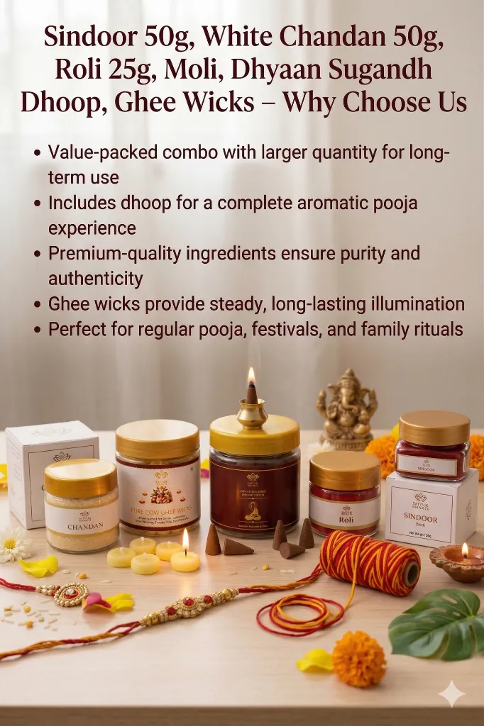 Sindoor 50g, White Chandan 50g, Roli 25g, Moli, Dhyaan Sugandh Dhoop, Ghee Wicks.webp