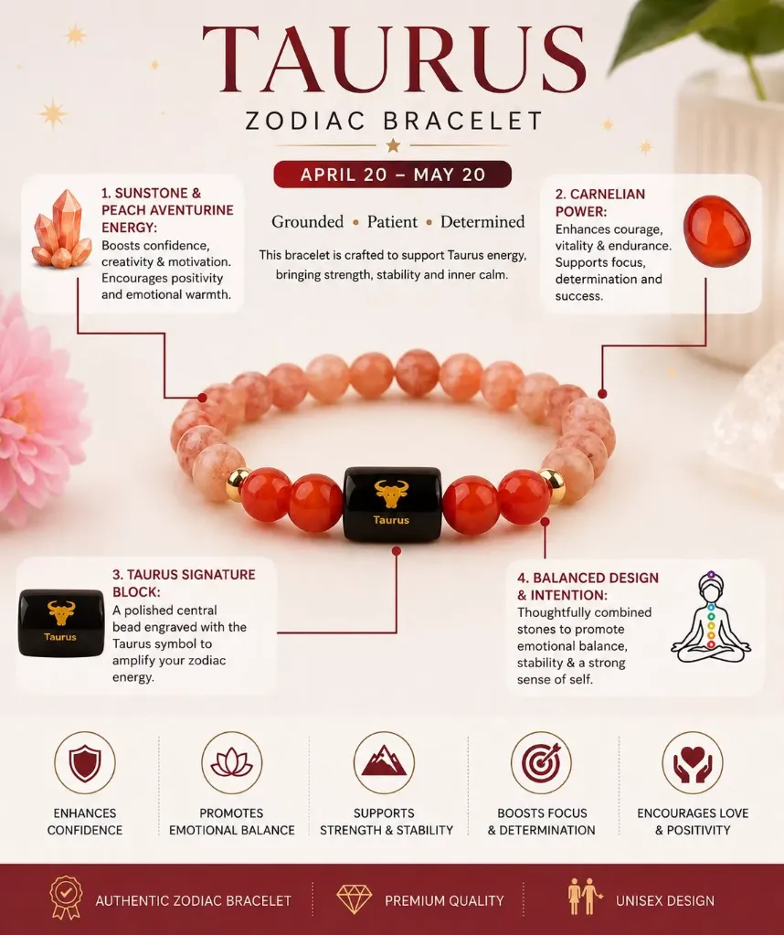 Taurus (वृषभ राशि) Zodiac Sunstone & Carnelian Bracelet (Lab Certified)