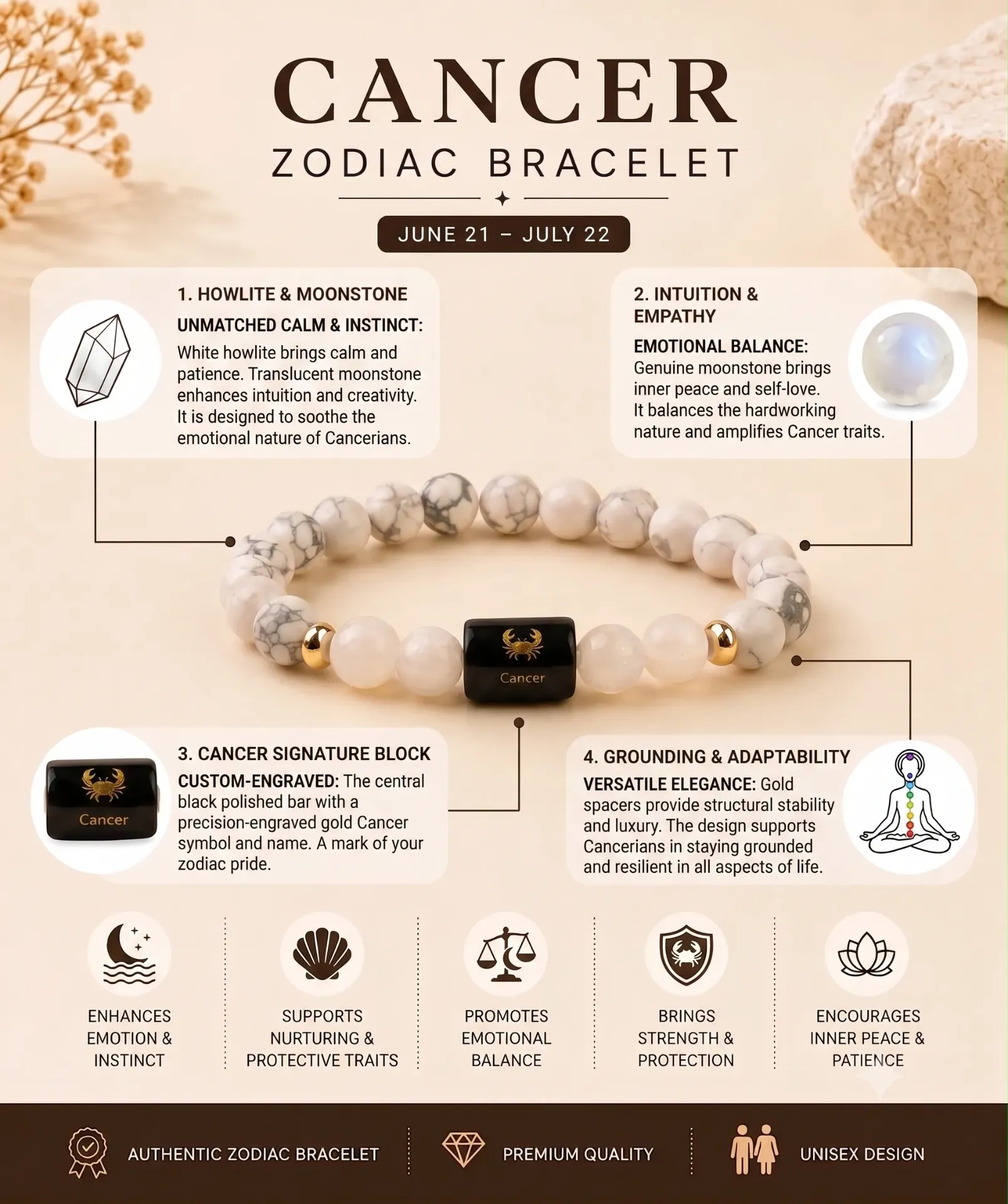 Cancer (कर्क राशि) Zodiac Howlite & Milky Quartz Bracelet with Lab Certificate