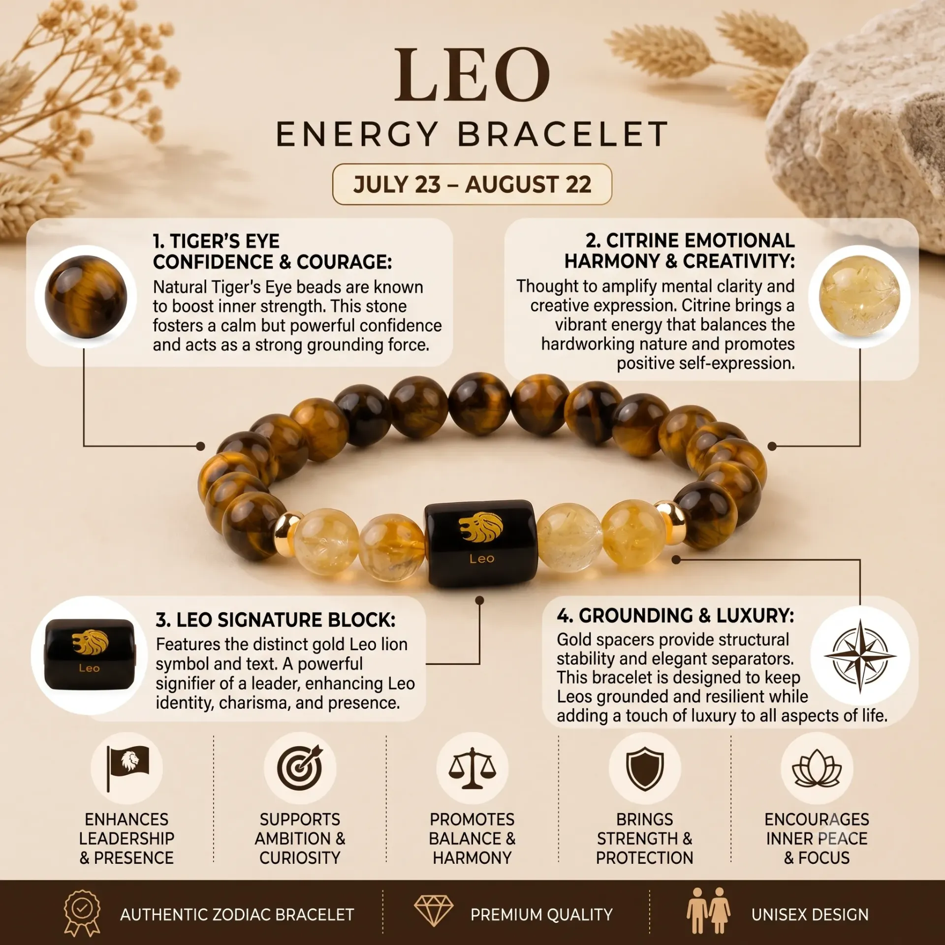 Leo (सिंह राशि) Zodiac Tiger Eye & Citrine Bracelet (Lab Certified)