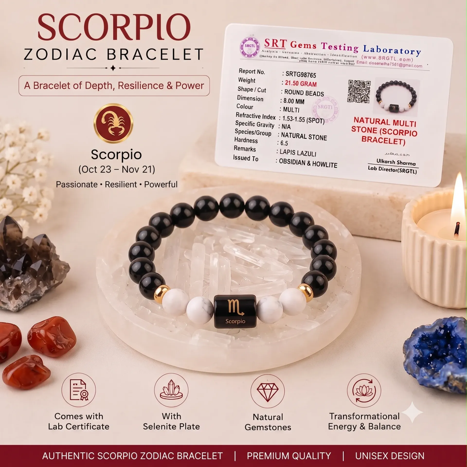Scorpio (वृश्चिक राशि) Zodiac Black Obsidian & Milky Quartz Bracelet with Free Selenite Plate