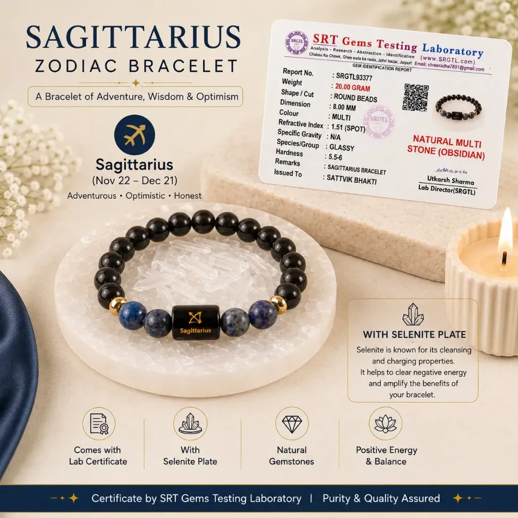 Sagittarius (धनु राशि) Zodiac Black Obsidian & Lapis Lazuli Bracelet with Free Selenite Plate