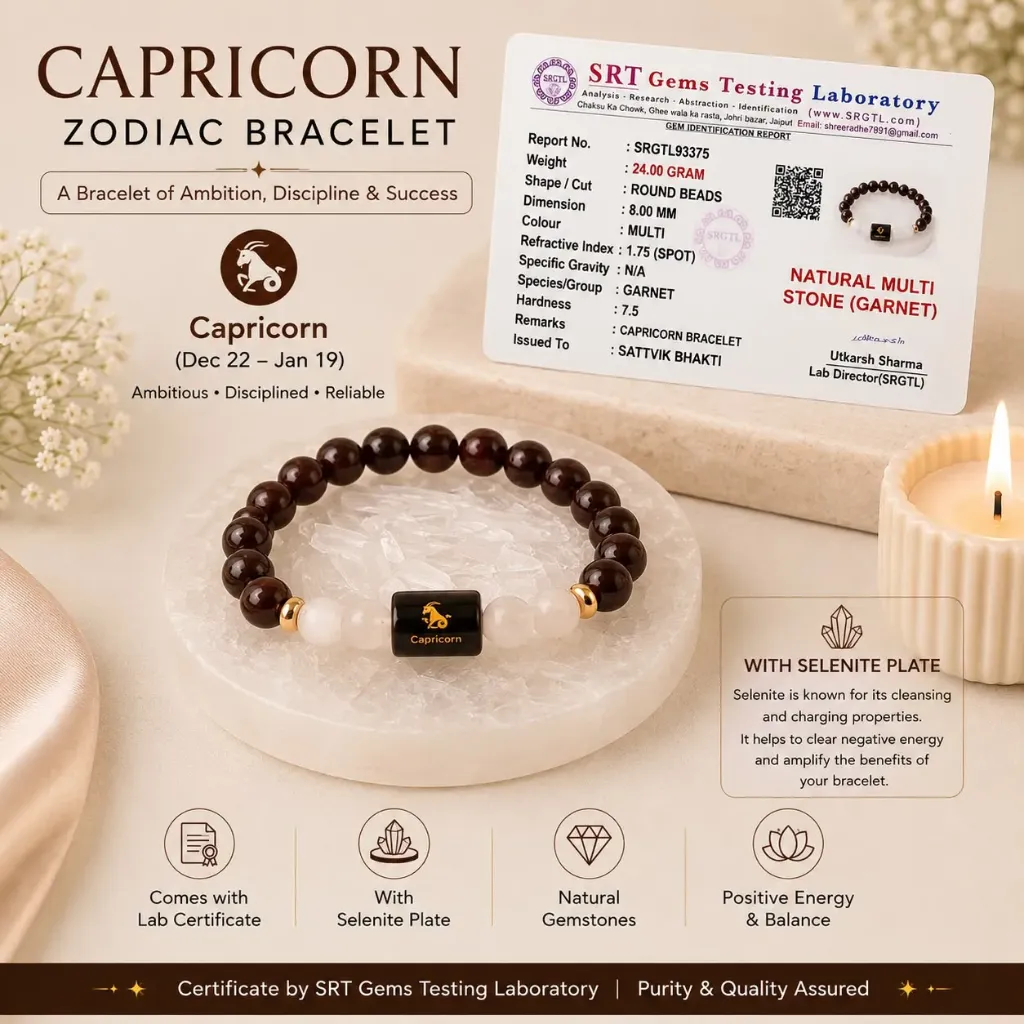 Capricorn (मकर राशि) Zodiac Garnet & Milky Quartz Bracelet with Free Selenite Plate