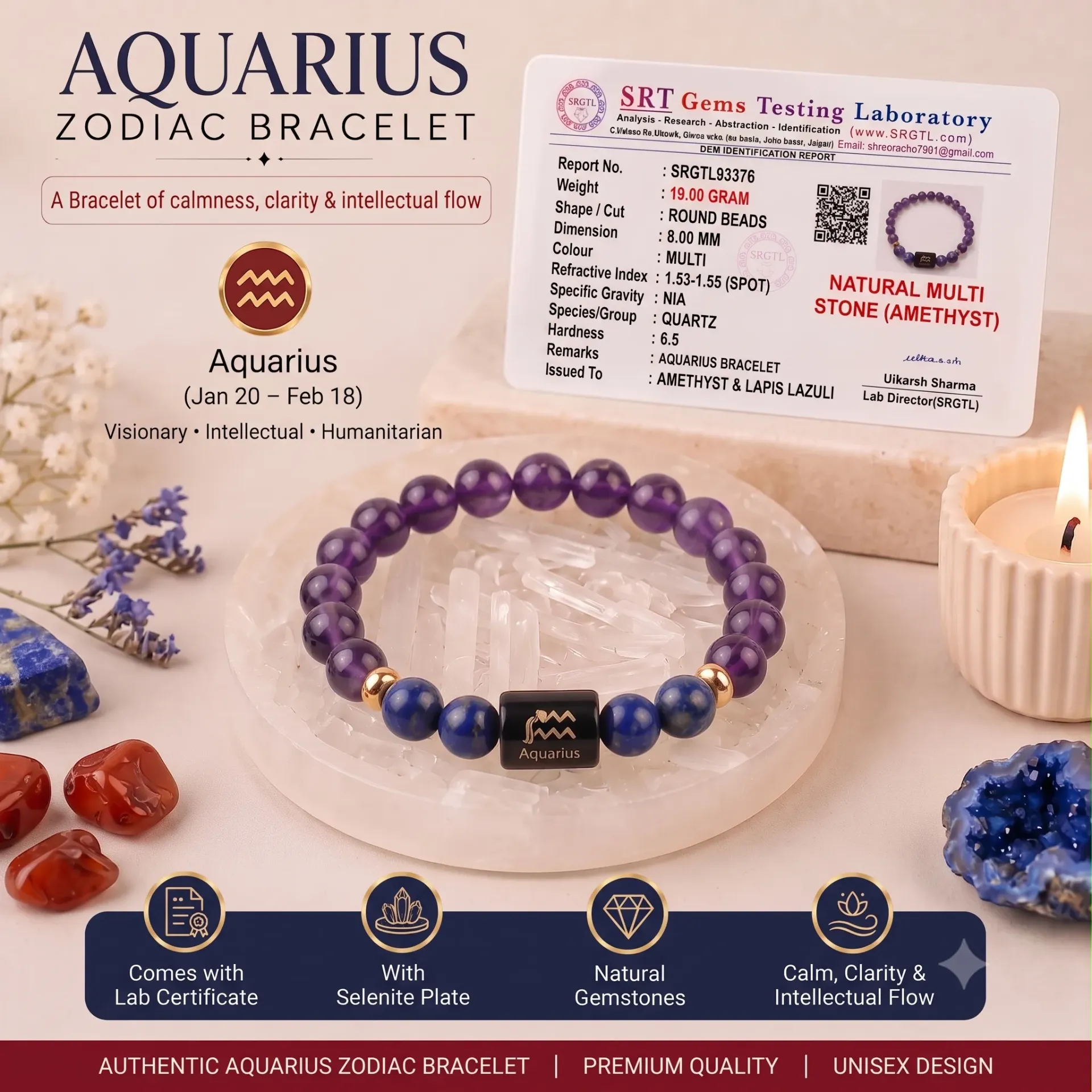Aquarius (कुंभ राशि) Zodiac Amethyst & Lapis Lazuli Bracelet with Free Selenite Plate