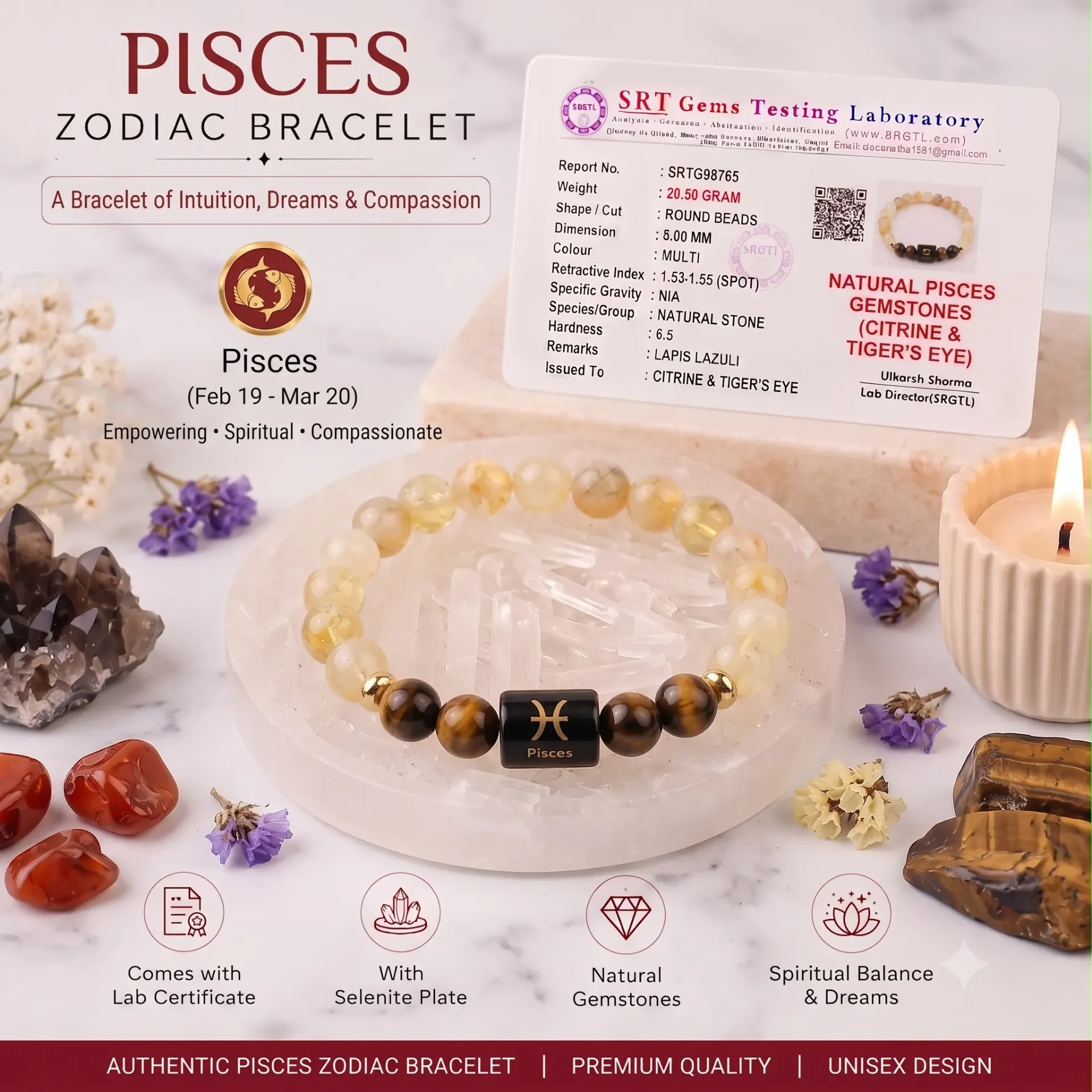 Pisces (मीन राशि) Zodiac Citrine & Tiger Eye Bracelet with Free Selenite Plate